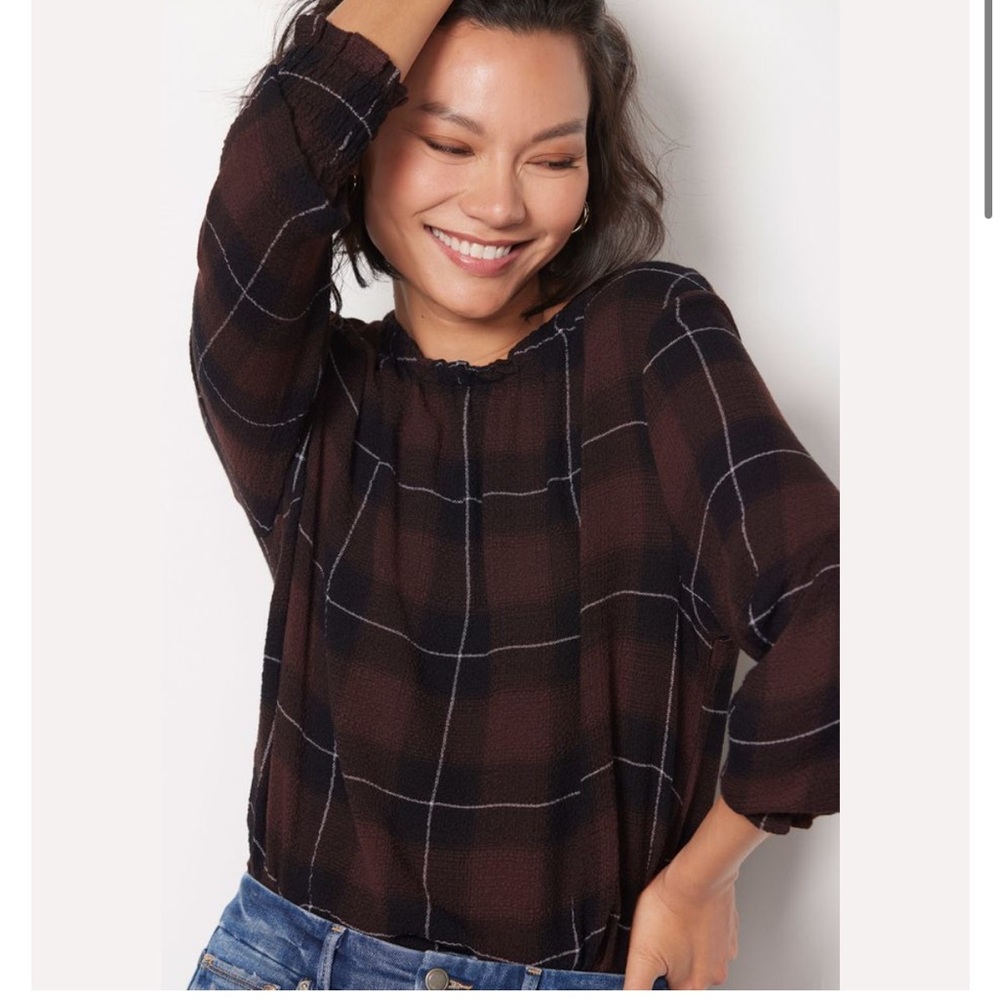 Cloth & Stone Brick Pucker Plaid Long Sleeve Blouse. Black/Brown. Size XS.